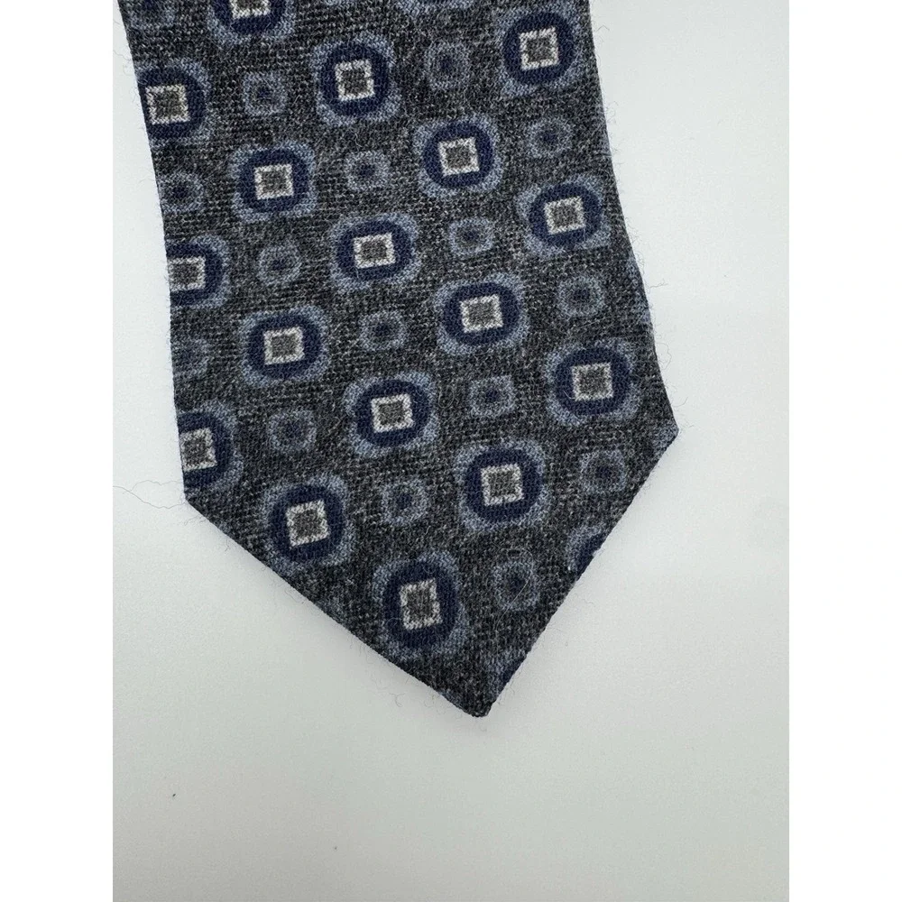 Pavesi Italy Wool Tie Gray Blue Geometric Squares Pattern Textured Necktie